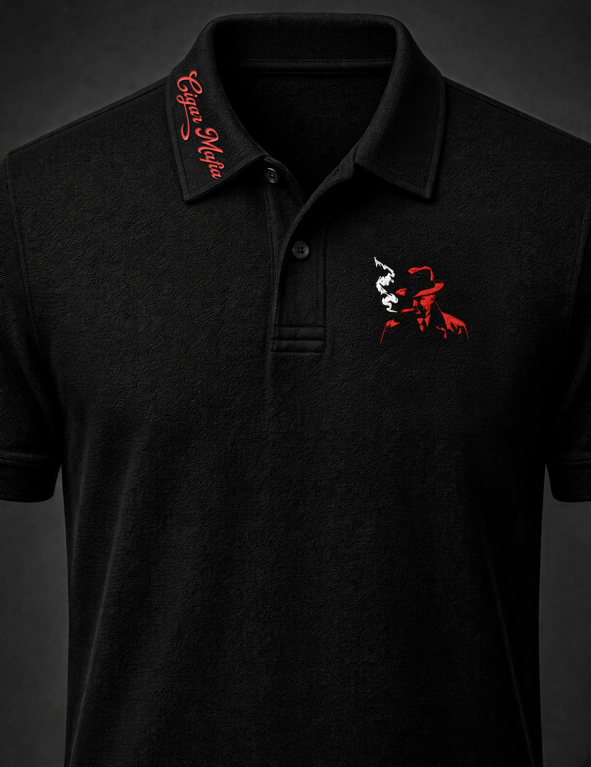 Cigar Mafia Club Polo, black, red Cigar Mafia script along one collar point, single smoking gangster (A) left-chest emblem