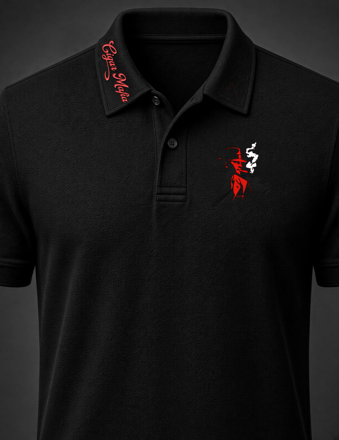 Cigar Mafia Club Polo, black, red Cigar Mafia script along one collar point, single smoking gangster (B) left-chest emblem