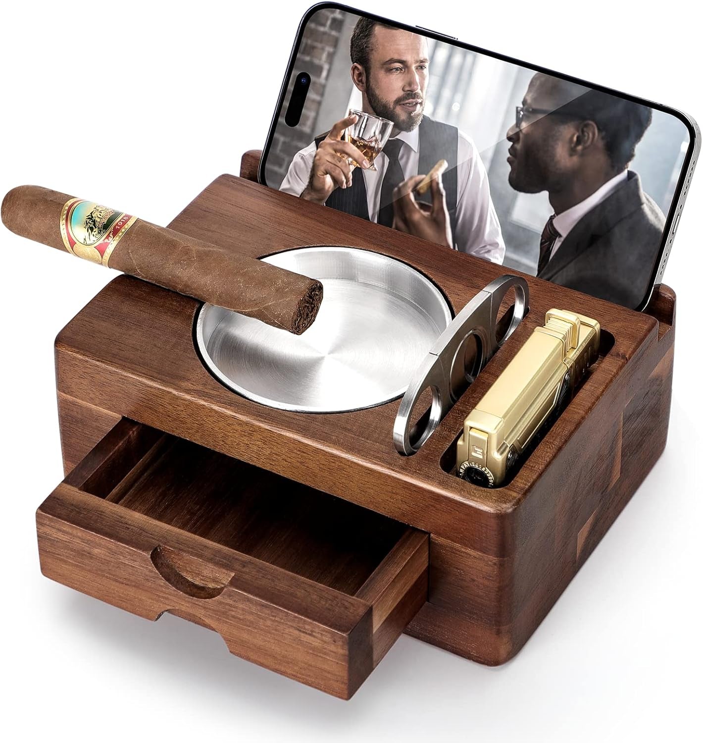Wooden Cigar Ashtray with Cutter & Phone Stand — cigar ashtray