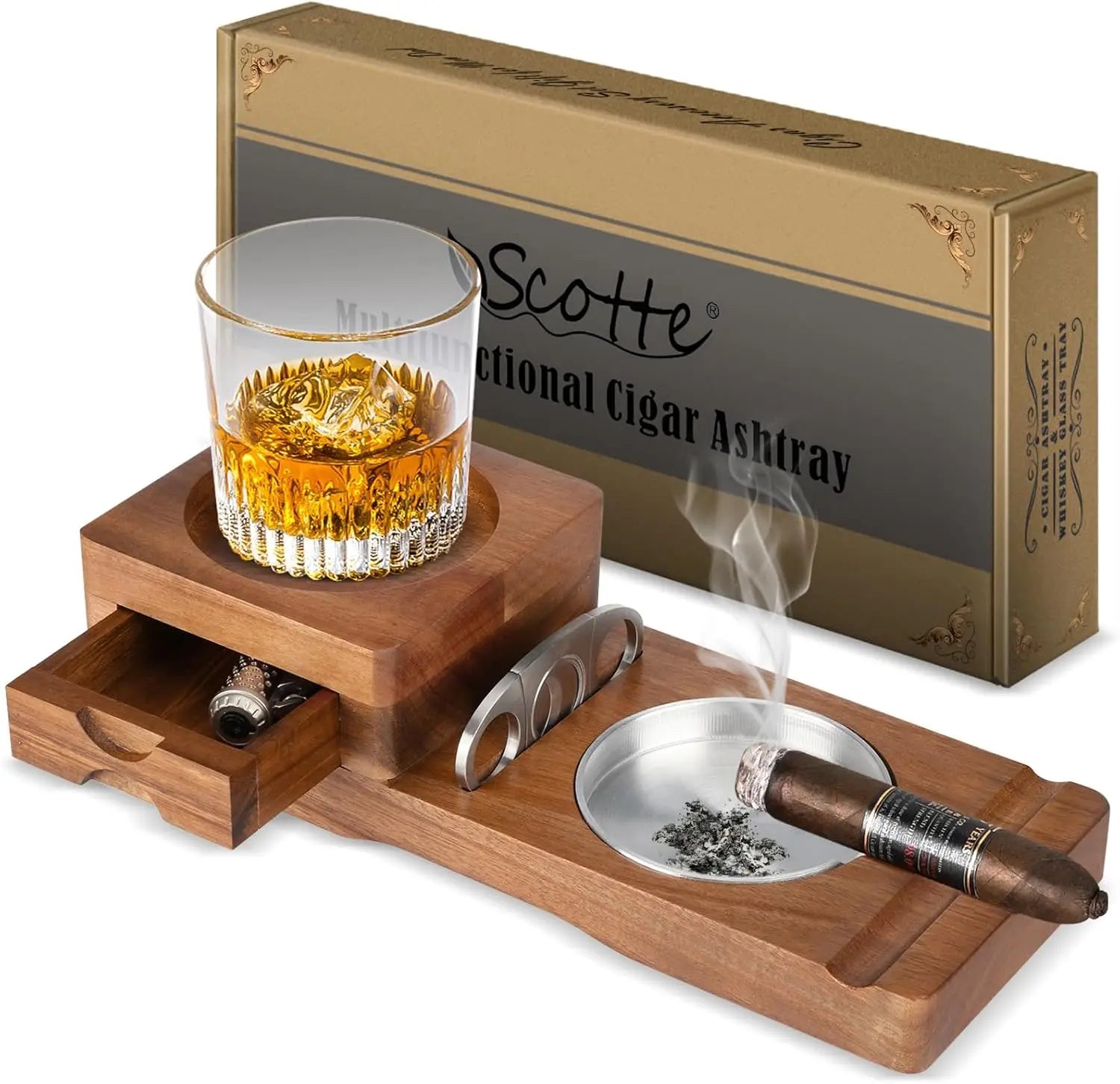 Wood Ashtray with Whiskey Rest & Cutter — cigar ashtray