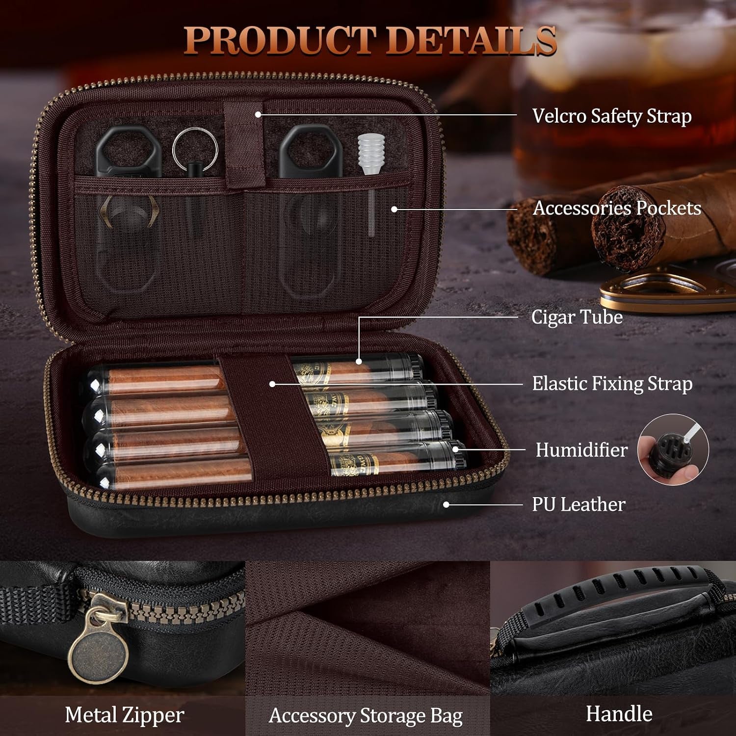 Leather Travel Humidor — 4 Tubes (Black) — cigar humidor, photo 3