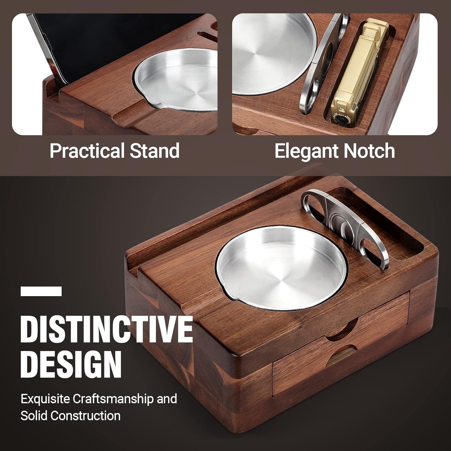 Wooden Cigar Ashtray with Cutter & Phone Stand — cigar ashtray, photo 3