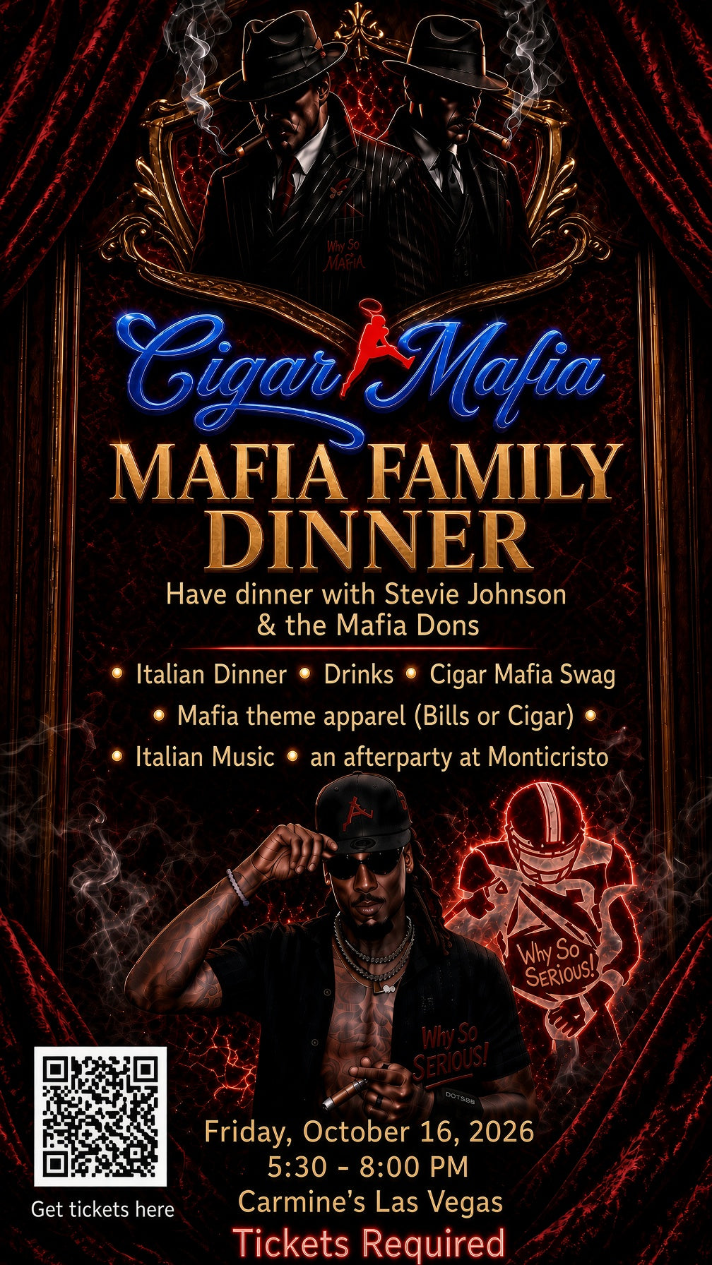 Cigar Mafia Family Dinner — Las Vegas flyer. Friday, October 16, 2026 at Carmine's Las Vegas. Tickets required.