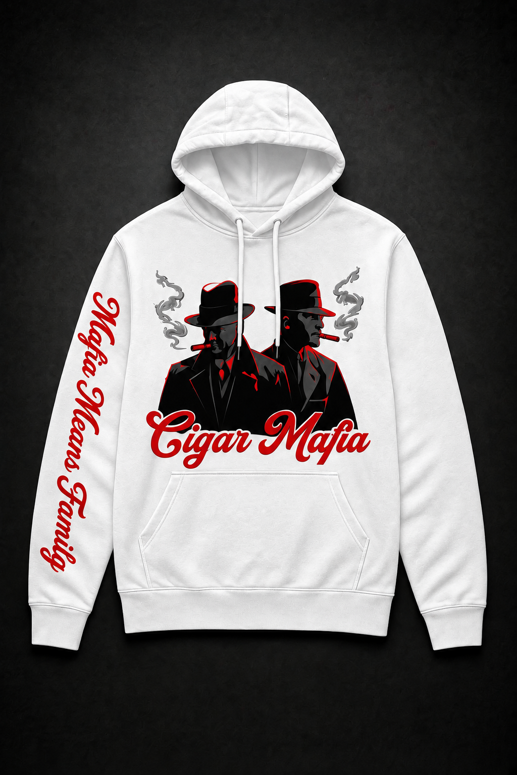 White Late Night Lounge Hoodie: two Dons in fedoras over the Cigar Mafia script, Mafia Means Family down the right sleeve