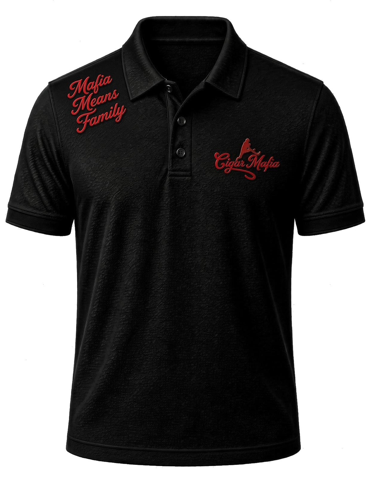 Black High Roller Dri-Fit Polo: red leaping silhouette with Cigar Mafia script on the left chest, stacked 3-line Mafia Means Family on the right shoulder