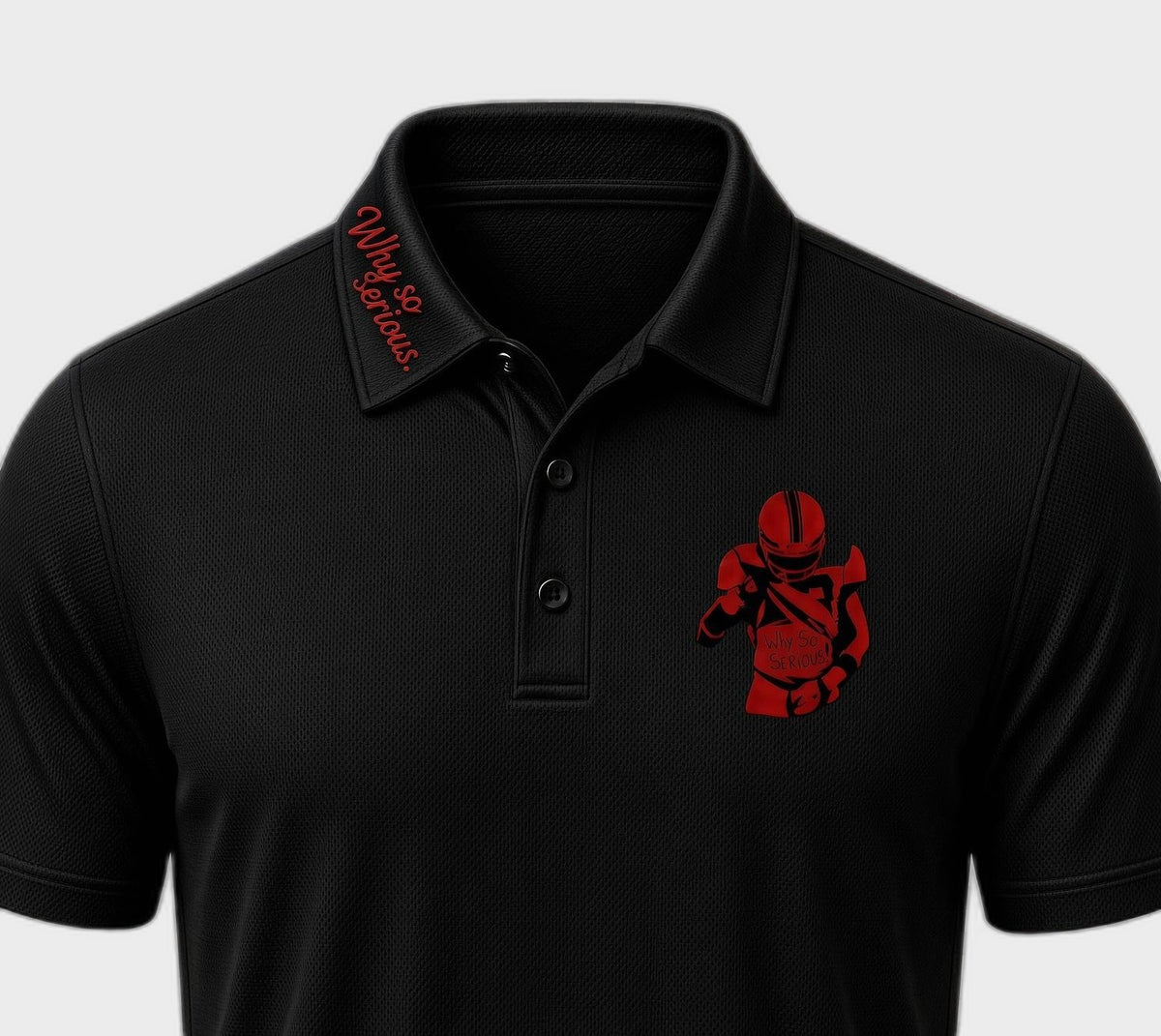 Cigar Mafia Club Polo, black, red "Why so serious." script along one collar point, Why So Serious football player left-chest emblem
