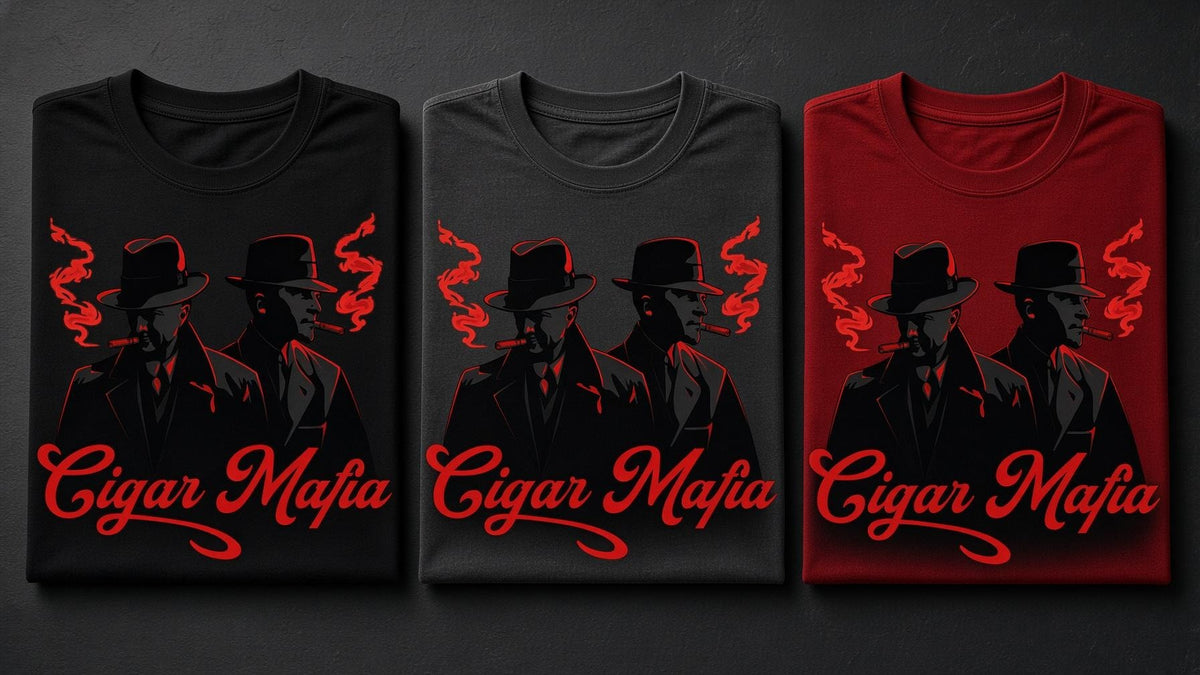 Sit-Down Crew Tee in Black, Charcoal and Red: two Dons in fedoras over the Cigar Mafia script chest print