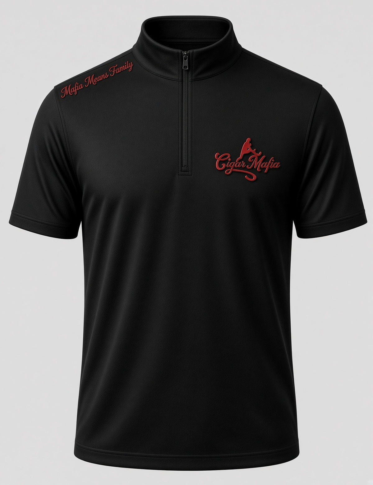 Black short-sleeve Big Stakes Dri-Fit Quarter-Zip: red leaping silhouette with Cigar Mafia script on the chest, one-line Mafia Means Family on the right shoulder