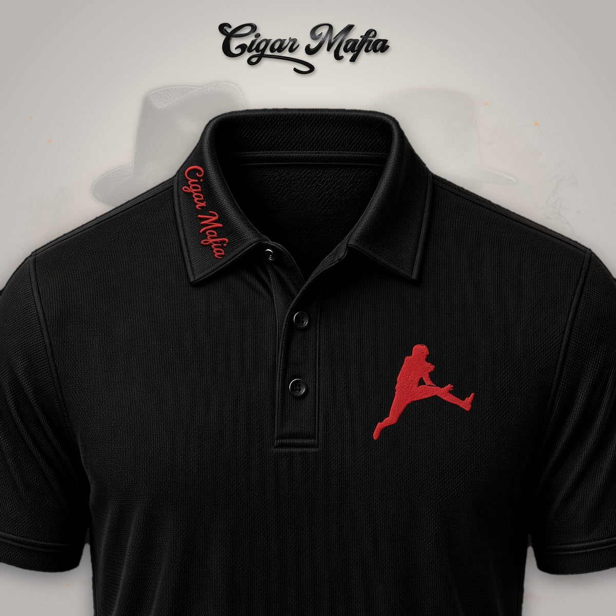 Heist Crew Dri-Fit Polo on Cigar Mafia branded background