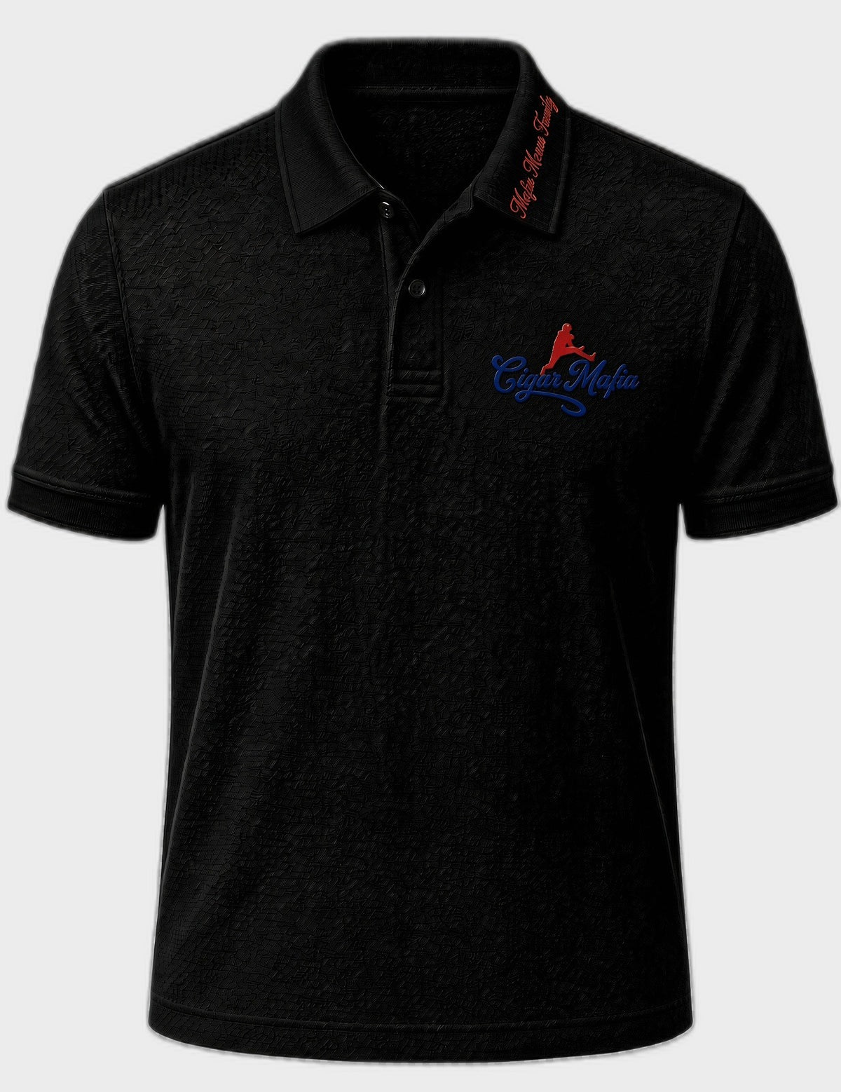 Black dri-fit polo, red family-motto script collar embroidery, blue script and red leaping silhouette on the chest