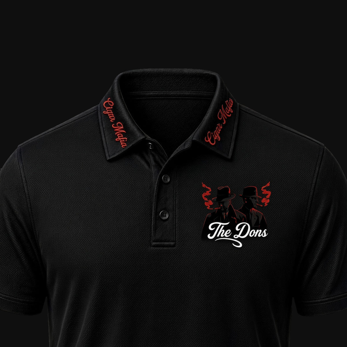 The Dons Dri-Fit Polo — embroidered Cigar Mafia collar script and The Dons chest logo (detail)