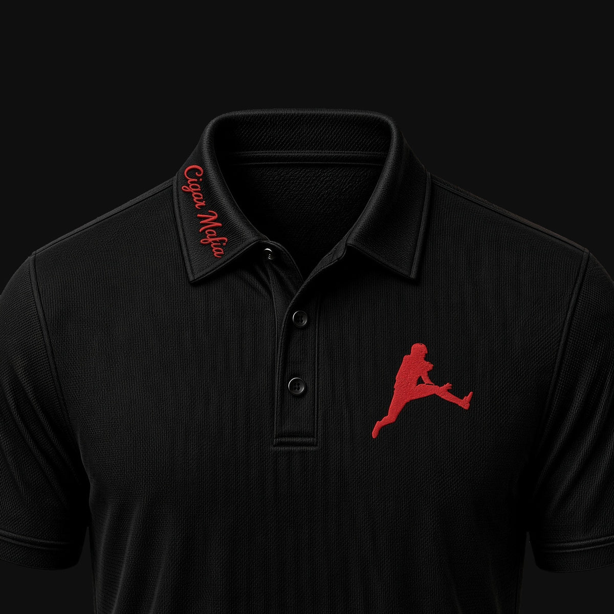 The Getaway Dri-Fit Polo — Black (red embroidery): Cigar Mafia collar script and leaping-figure chest mark