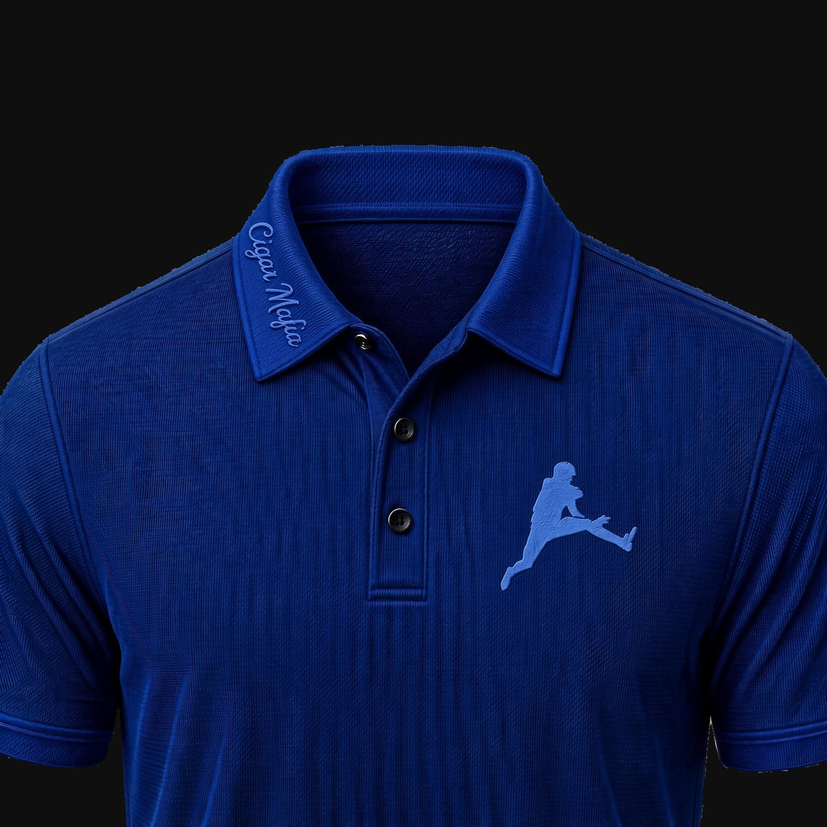 The Getaway Dri-Fit Polo — Royal Blue (light-blue embroidery): Cigar Mafia collar script and leaping-figure chest mark