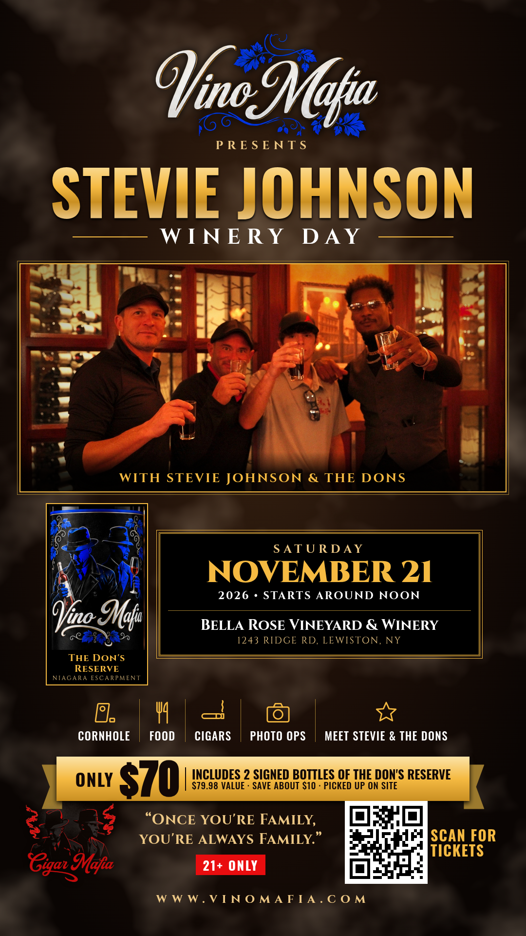 Winery Day flyer: noon start Nov 21 at Bella Rose Vineyard & Winery, cornhole, food, cigars, photo ops, 21+