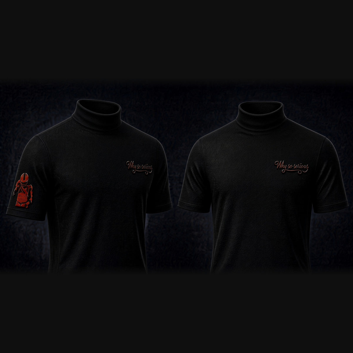 Why So Serious Mock Neck — Limited Edition — Black, Sleeve Patch and Chest Only side by side