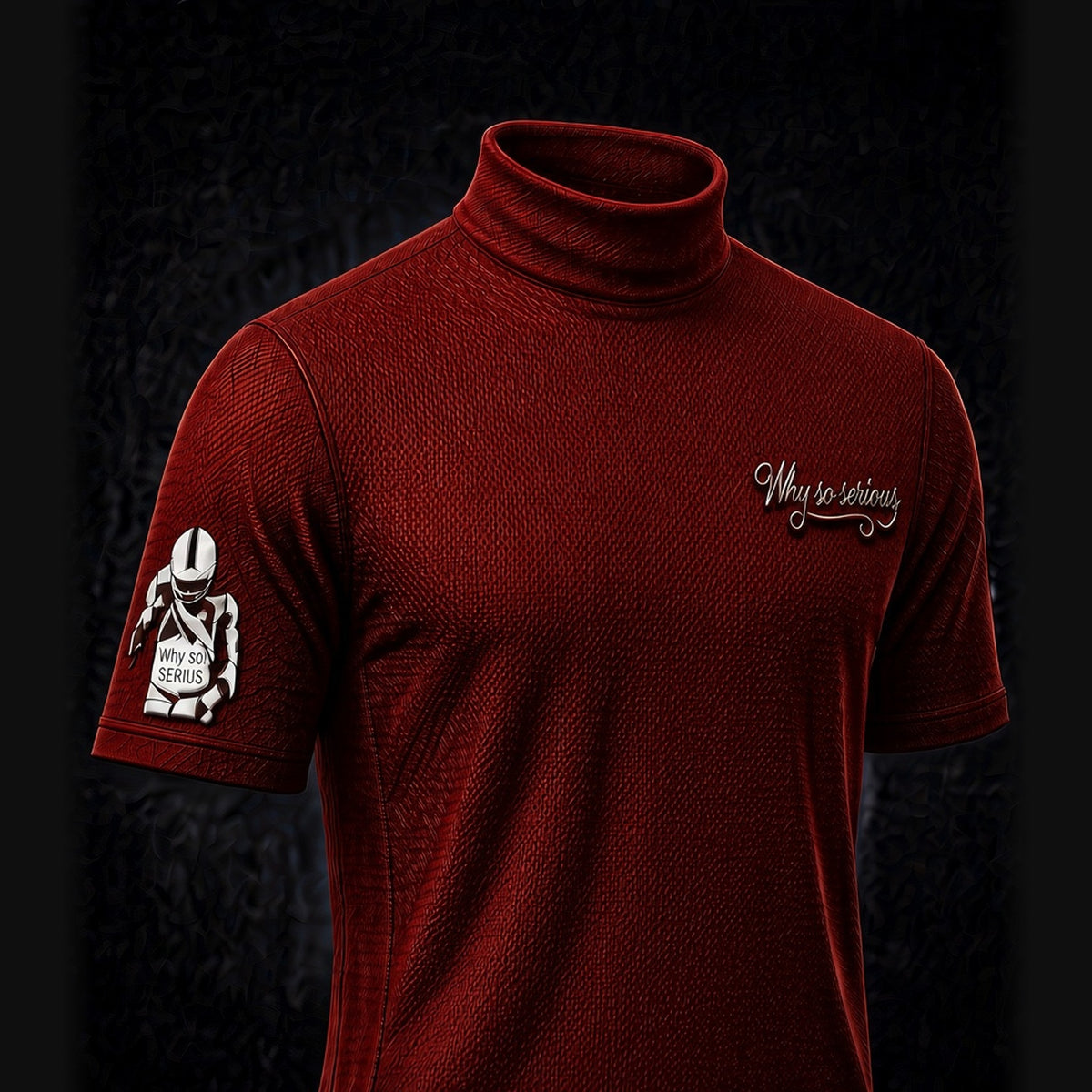 Why So Serious Mock Neck — Limited Edition — Red, Sleeve Patch: Why so serious script on the left chest and a sleeve patch
