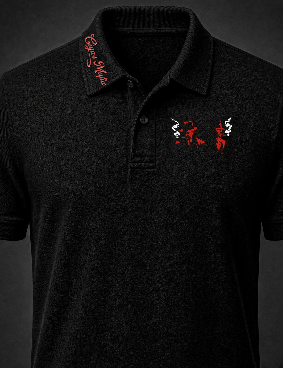 The Underboss Dri-Fit Polo, black, red Cigar Mafia script along one collar point, two Dons in fedoras left-chest emblem