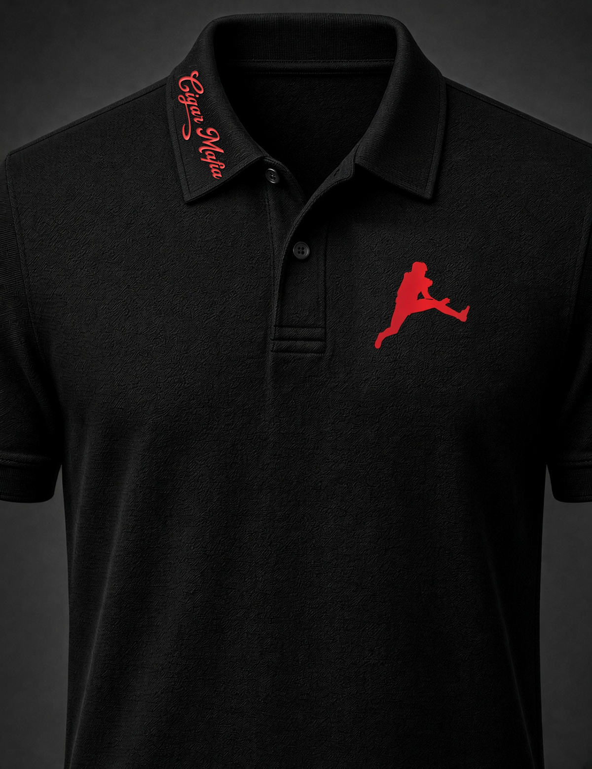 The Underboss Dri-Fit Polo, black, red Cigar Mafia script along one collar point, red leaping football player left-chest emblem