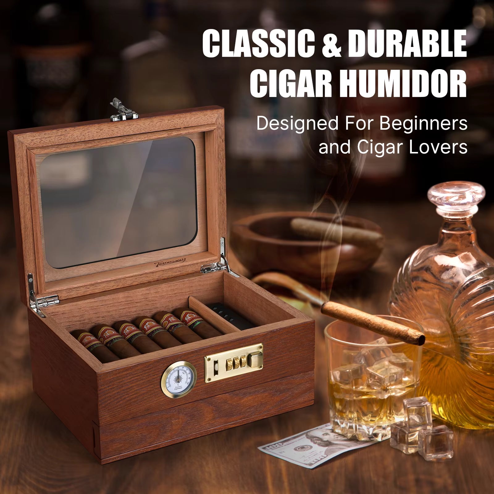 Cedar Wood Cigar Humidor with Glass Top, Front Hygrometer, Humidifier, Divider, and Accessory Drawer