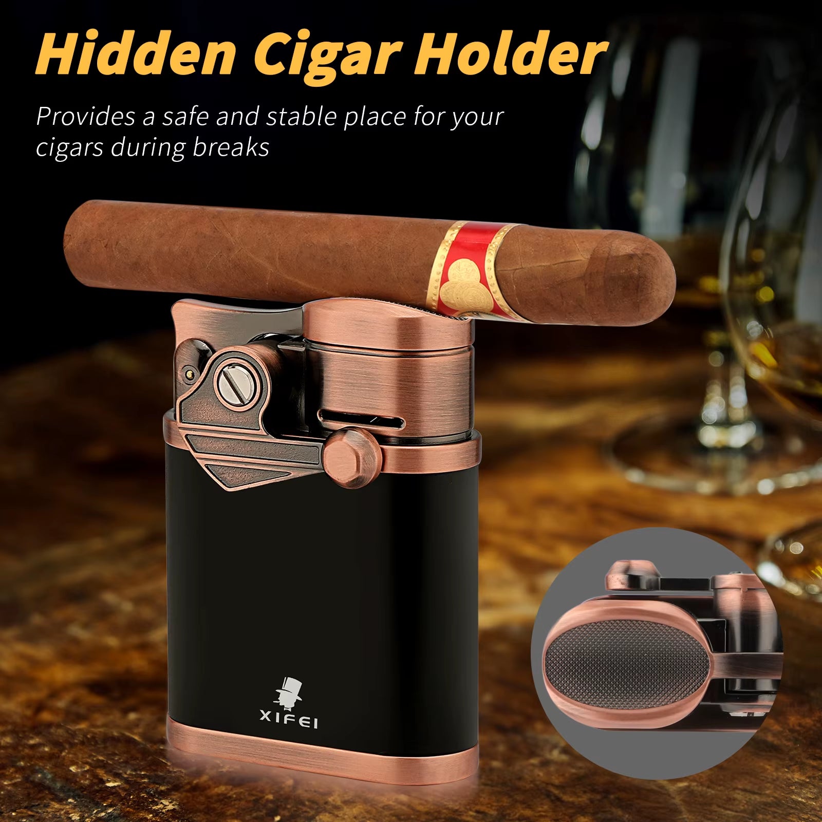 Cigar Lighter 4 Jet Flame Torch Lighter with Cigar Holder, Windproof Rocker Arm Butane Lighter Adjustable Flame