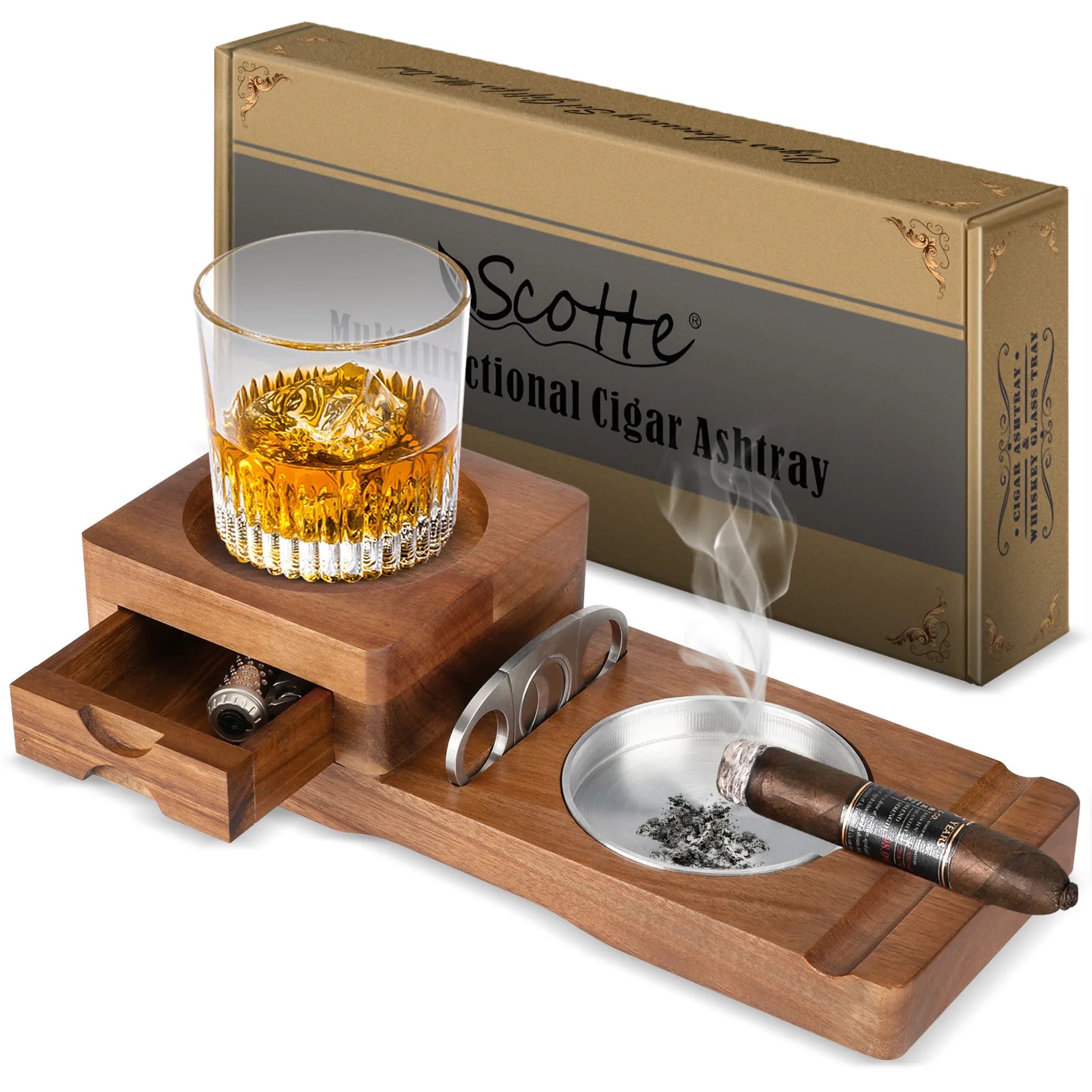 Wood Ashtray with Whiskey Rest & Cutter — cigar ashtray, photo 2