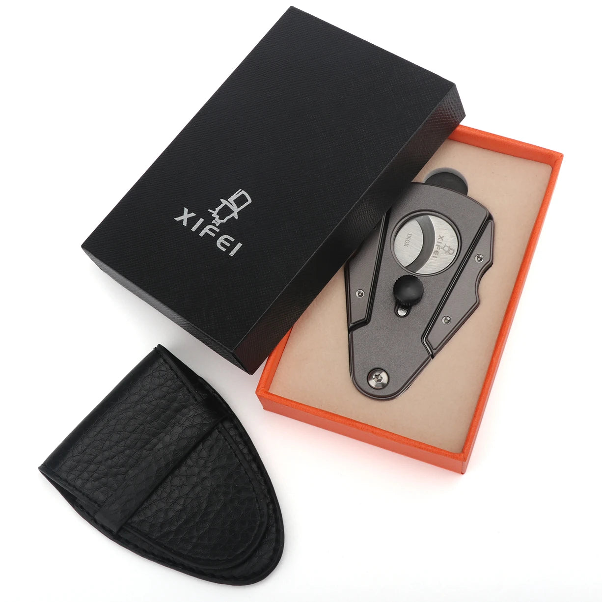 Dual-Blade Guillotine with Leather Case — cigar cutter