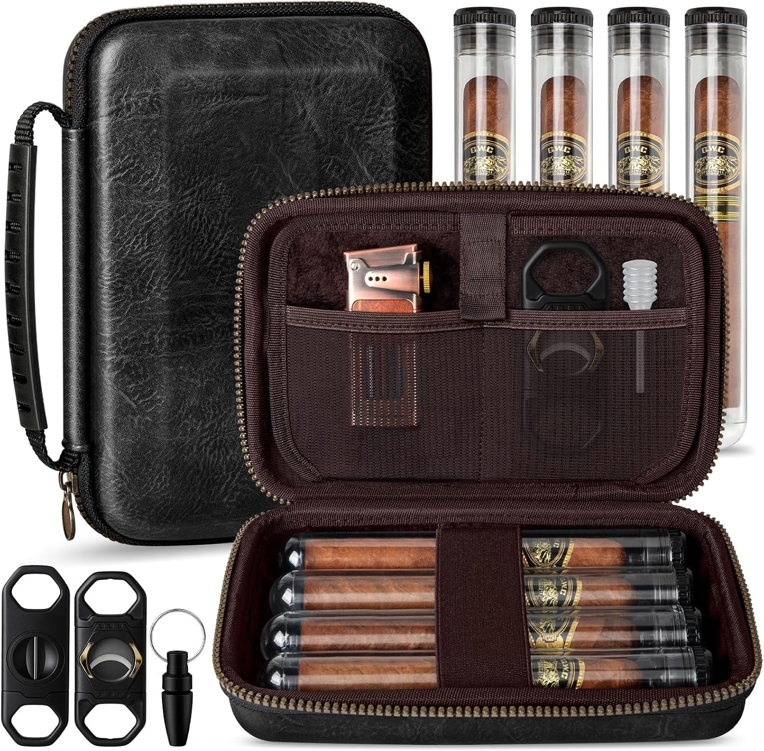 Leather Travel Humidor — 4 Tubes (Black) — cigar humidor