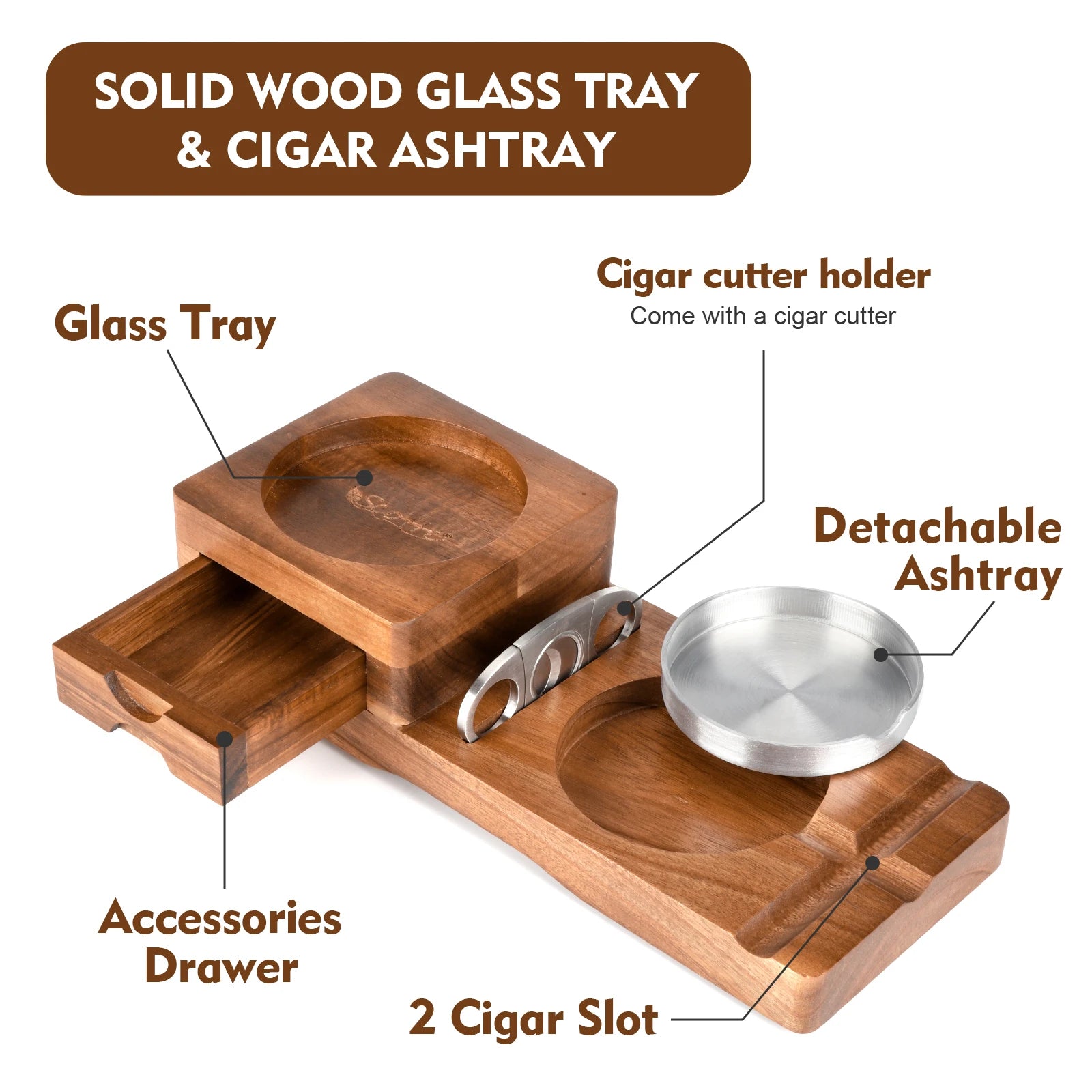 Wood Ashtray with Whiskey Rest & Cutter — cigar ashtray, photo 3