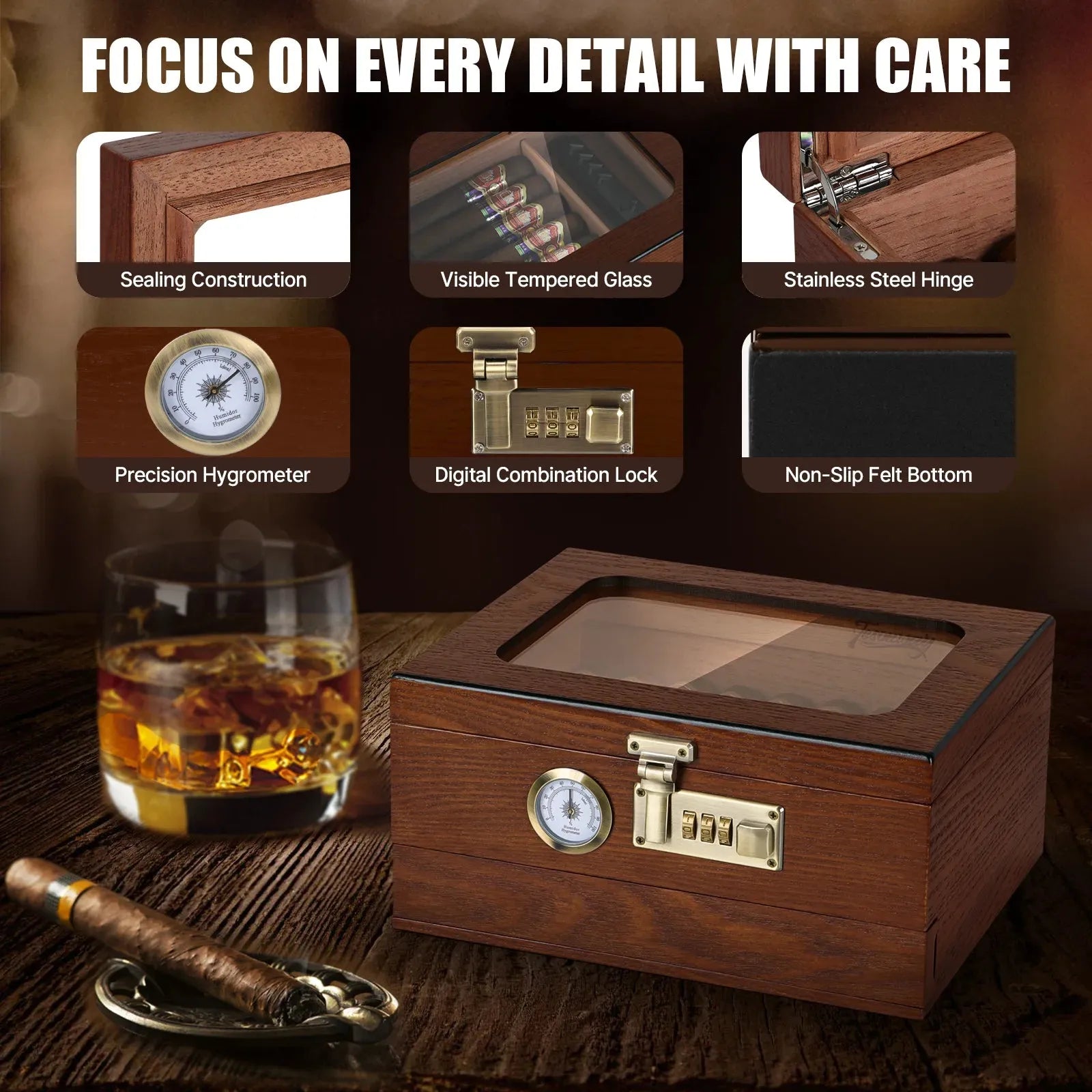 Cigar Humidor Cedar Wood Humidor Cigar Box Glass Top Desktop Humidor With Front Hygrometer Humidifier Divider Accessories Drawer