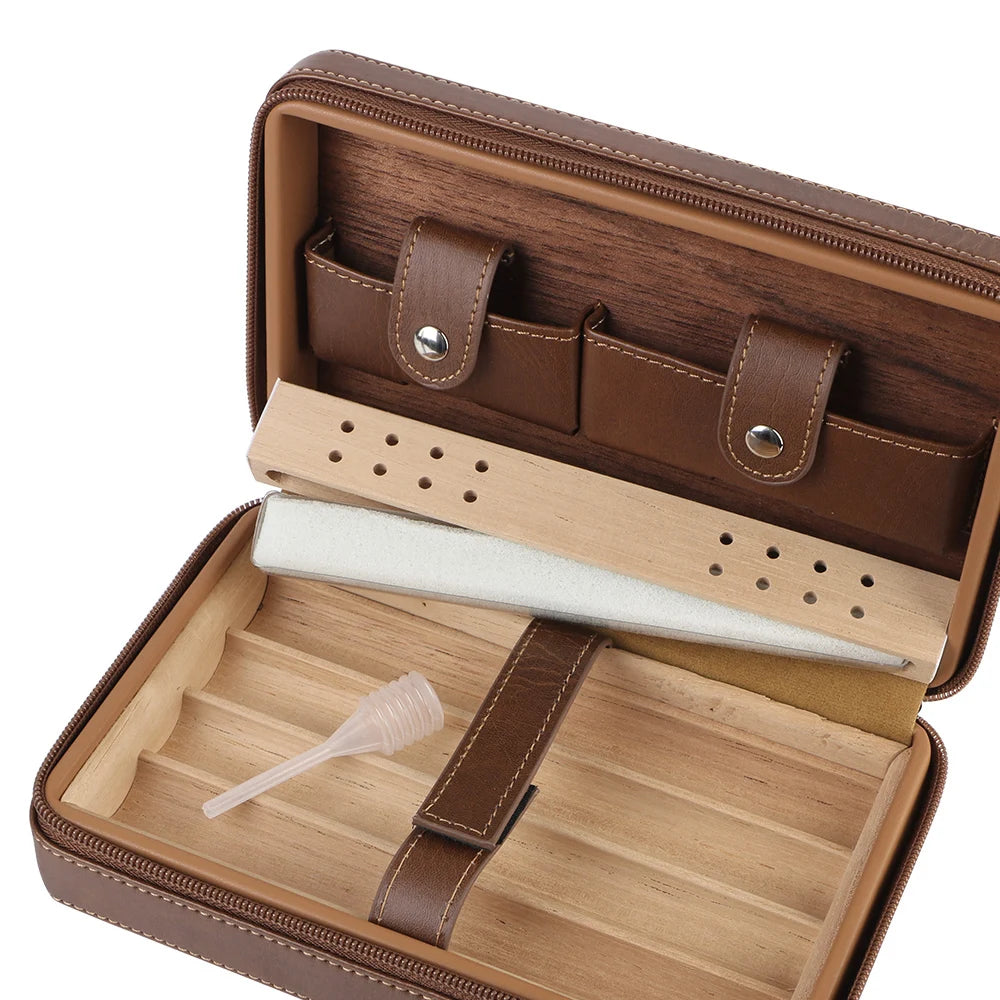 Cedar Wood Cigar Humidor Box PU Leather Cigar Case Storage Portable Humidifier 4 Cigars Box Humidor