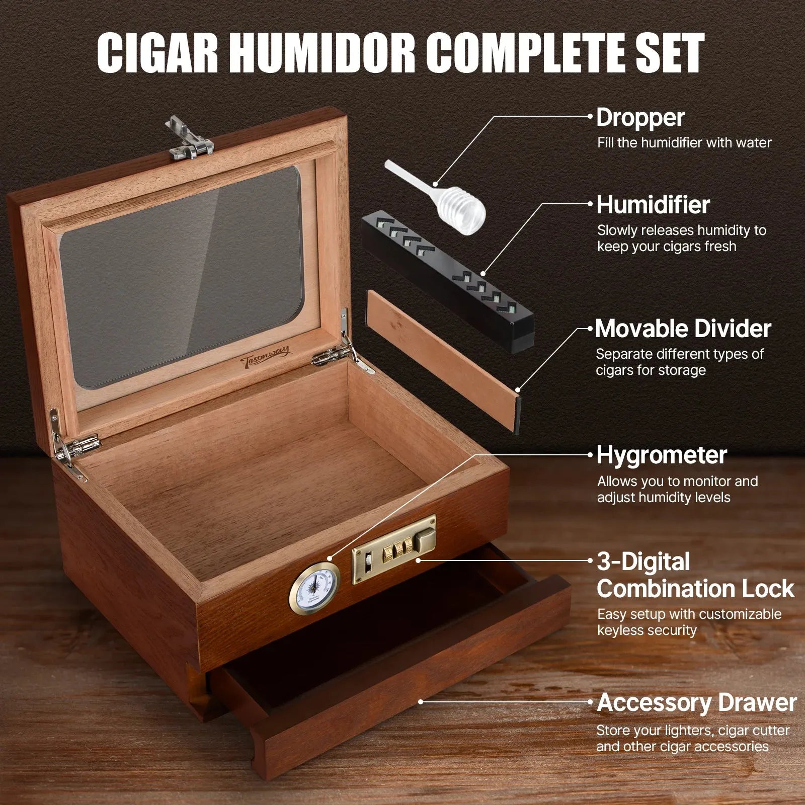 Cigar Humidor Cedar Wood Humidor Cigar Box Glass Top Desktop Humidor With Front Hygrometer Humidifier Divider Accessories Drawer