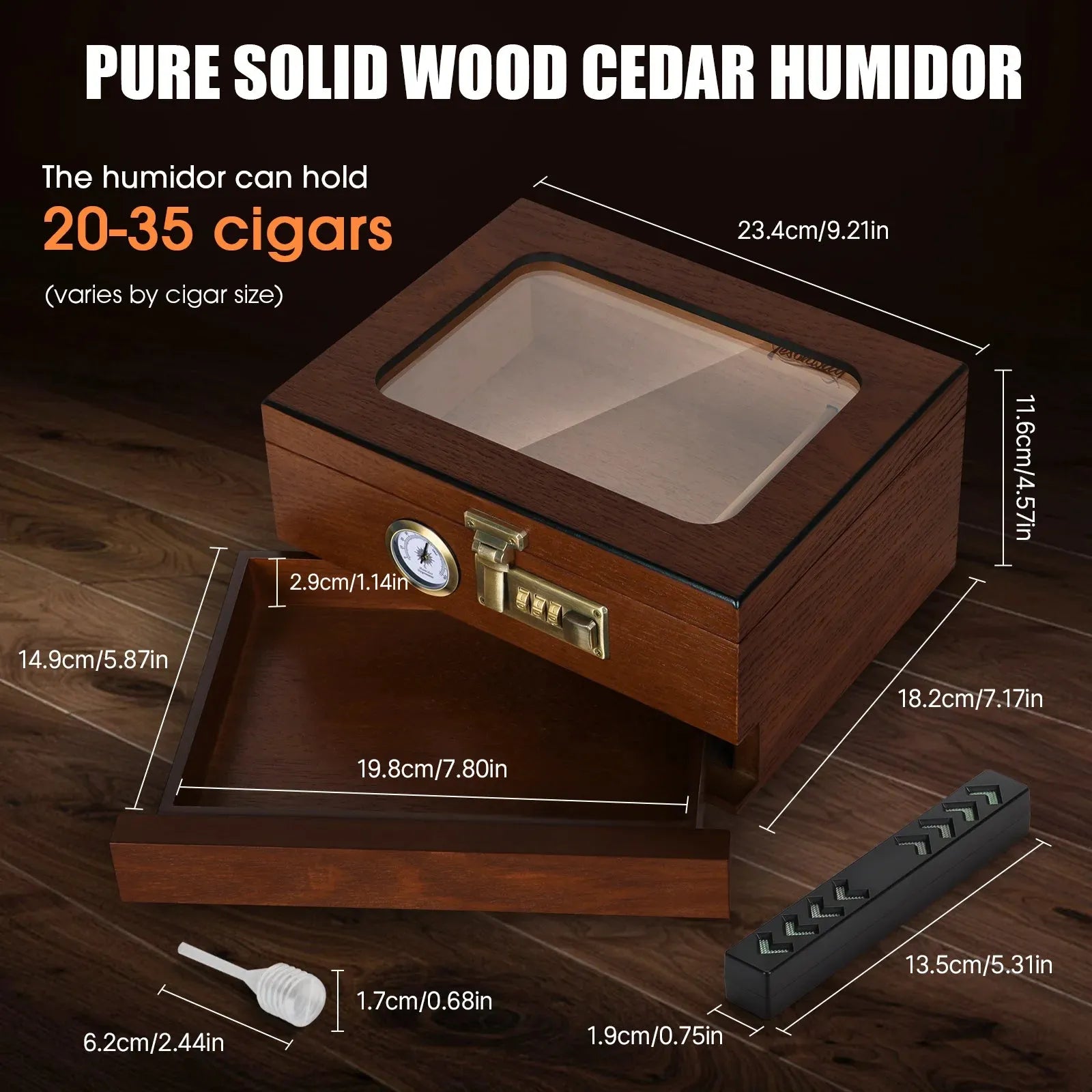 Cigar Humidor Cedar Wood Humidor Cigar Box Glass Top Desktop Humidor With Front Hygrometer Humidifier Divider Accessories Drawer