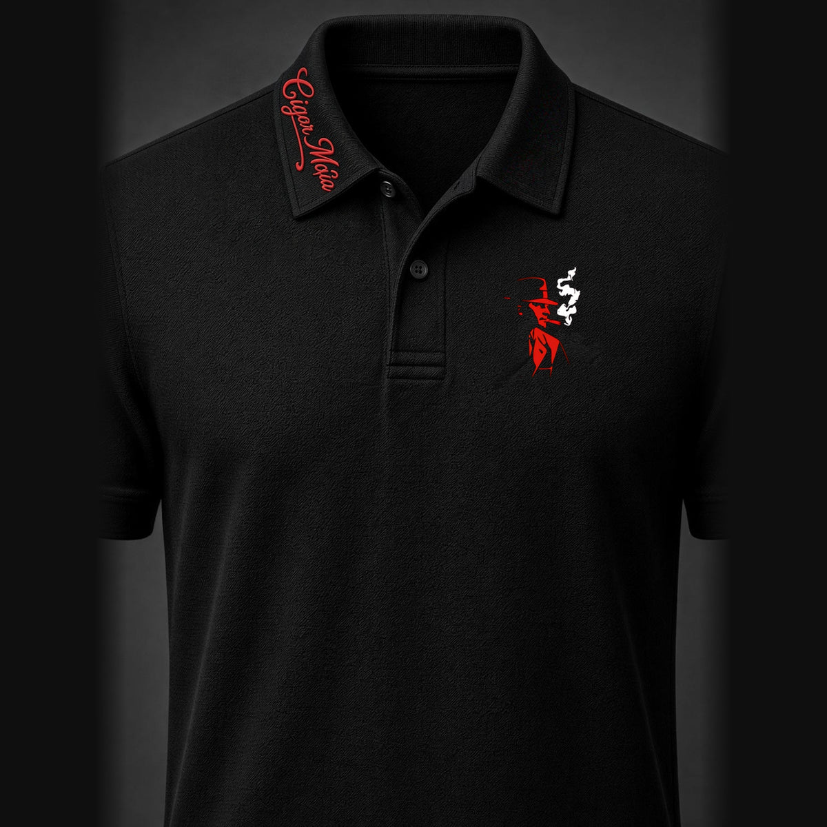 The Underboss Dri-Fit Polo, The Consigliere design: black, red Cigar Mafia collar script, red Don in a fedora with white smoke on the chest