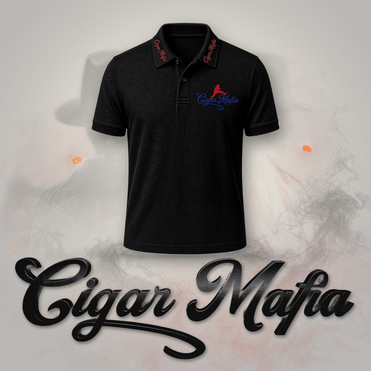 The Underboss Dri-Fit Polo on Cigar Mafia branded background