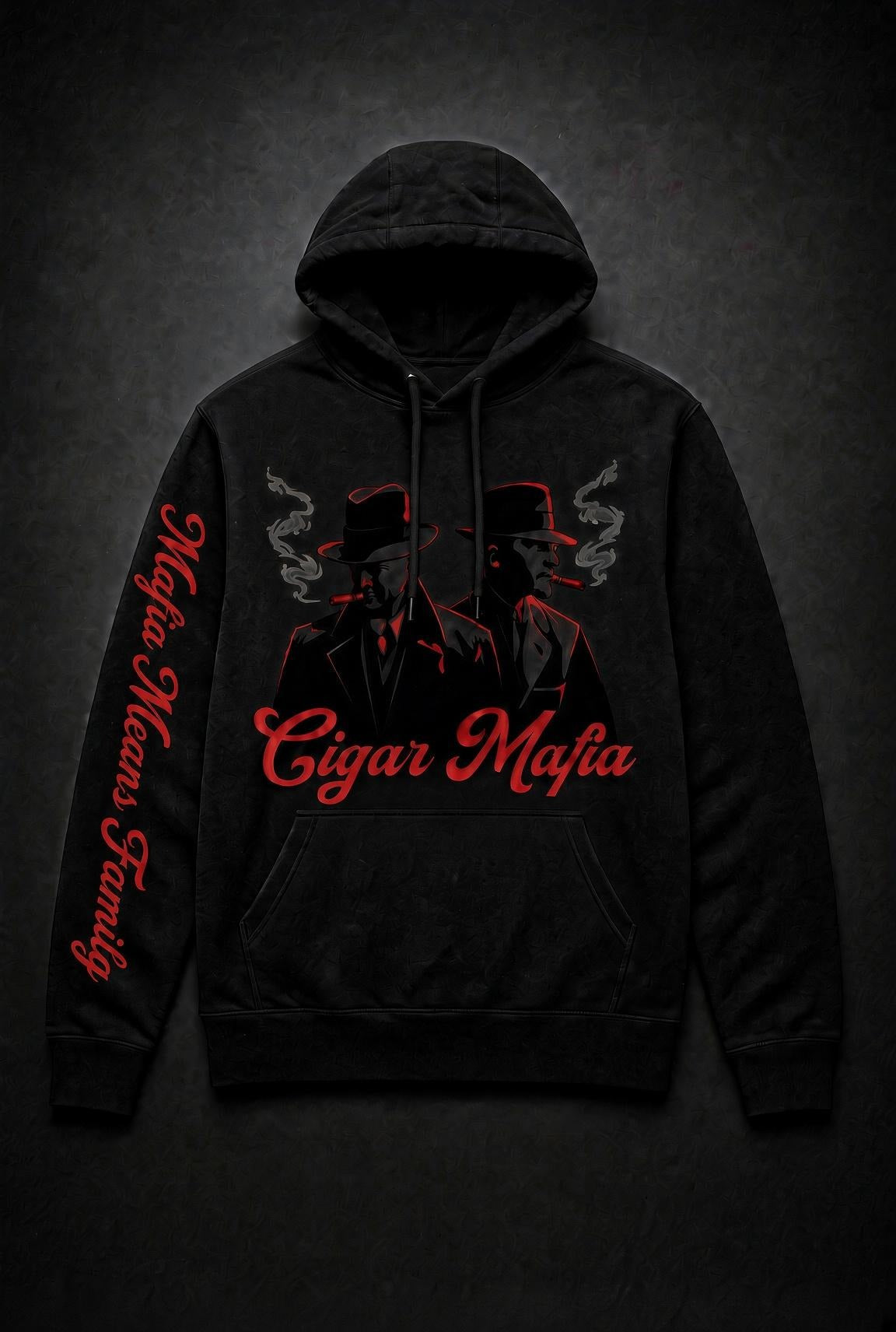 Black Late Night Lounge Hoodie: two Dons in fedoras over the Cigar Mafia script on the chest, Mafia Means Family down the right sleeve