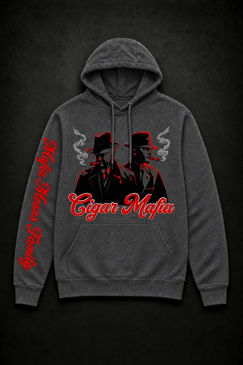 Charcoal Late Night Lounge Hoodie: two Dons in fedoras over the Cigar Mafia script, Mafia Means Family down the right sleeve