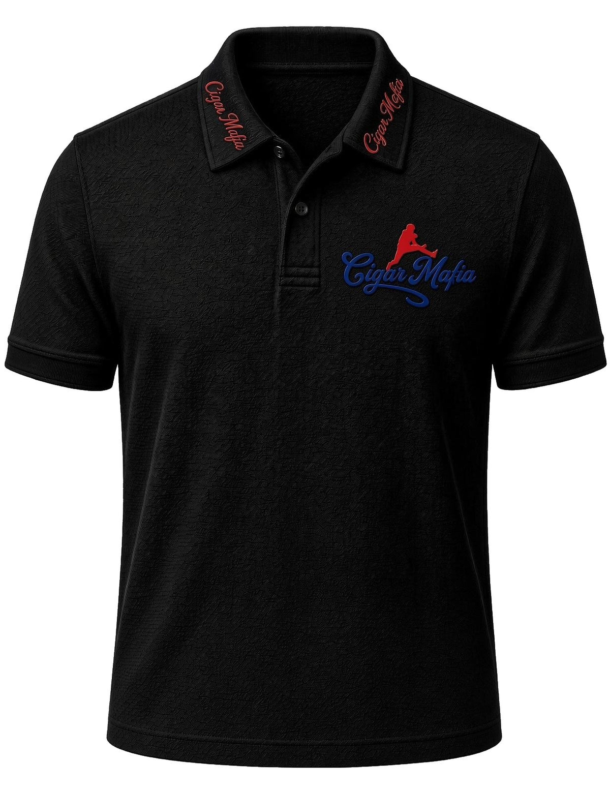 The Underboss Dri-Fit Polo, Script & Silhouette design: black, red Cigar Mafia script on both collar points, leaping silhouette with Cigar Mafia script on the left chest