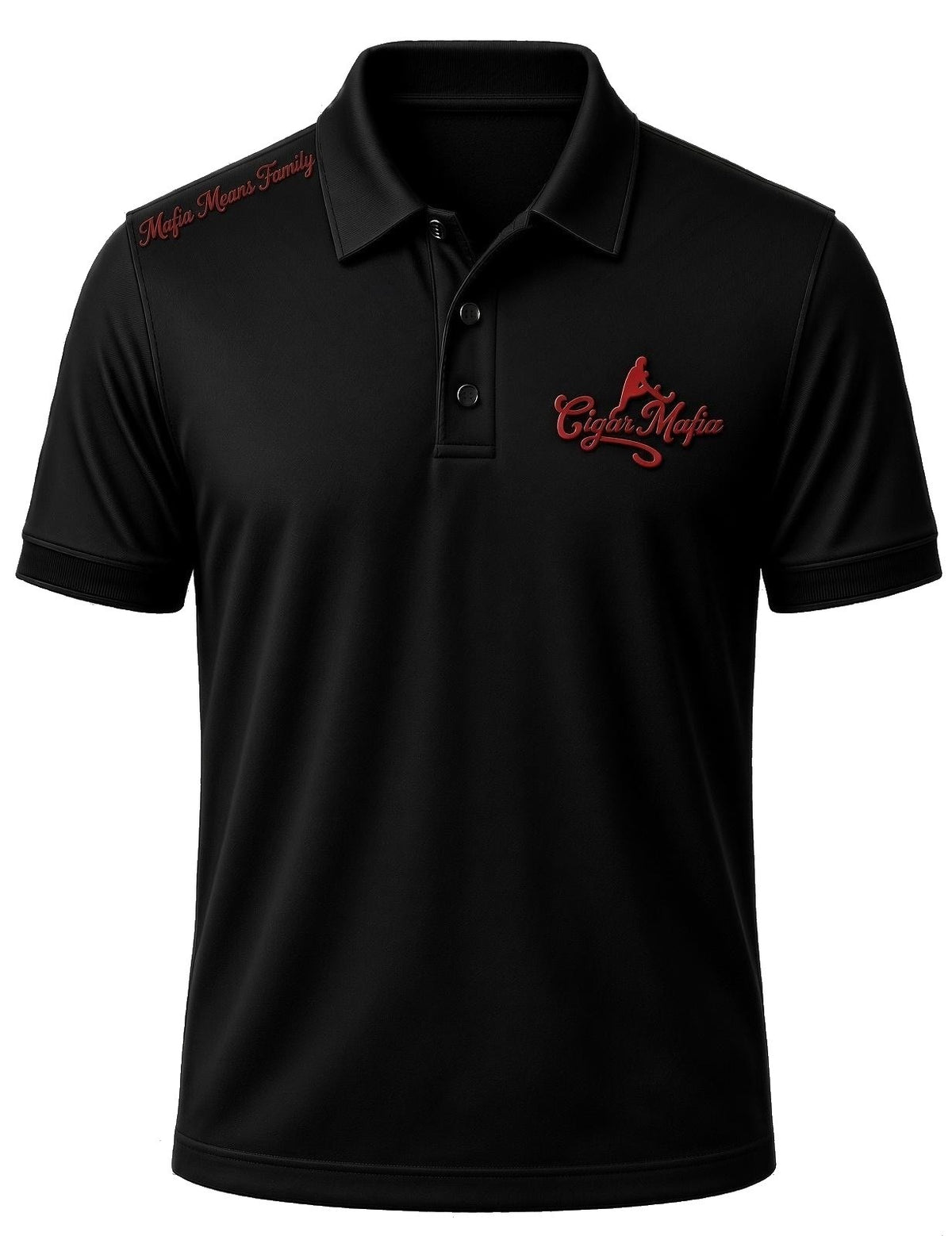 Black High Roller Dri-Fit Polo: red leaping silhouette with Cigar Mafia script on the left chest, one-line Mafia Means Family on the right shoulder