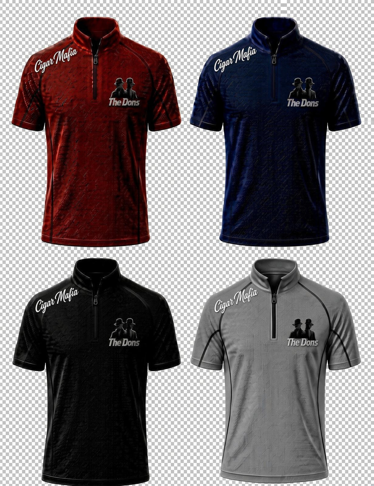 The Dons Dri-Fit Quarter-Zip in Black, Red, Navy and Grey: white Cigar Mafia script on the right collar band, white The Dons chest logo