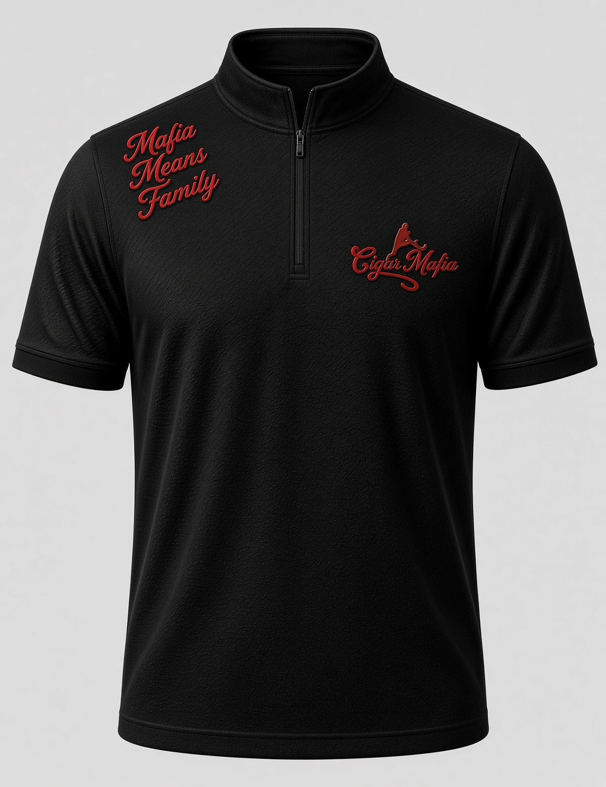 Black short-sleeve Big Stakes Dri-Fit Quarter-Zip: red leaping silhouette with Cigar Mafia script on the chest, stacked Mafia Means Family on the right shoulder