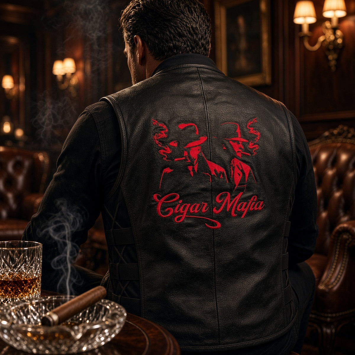 Custom Cigar Mafia Vest — back view with Cigar Mafia embroidery