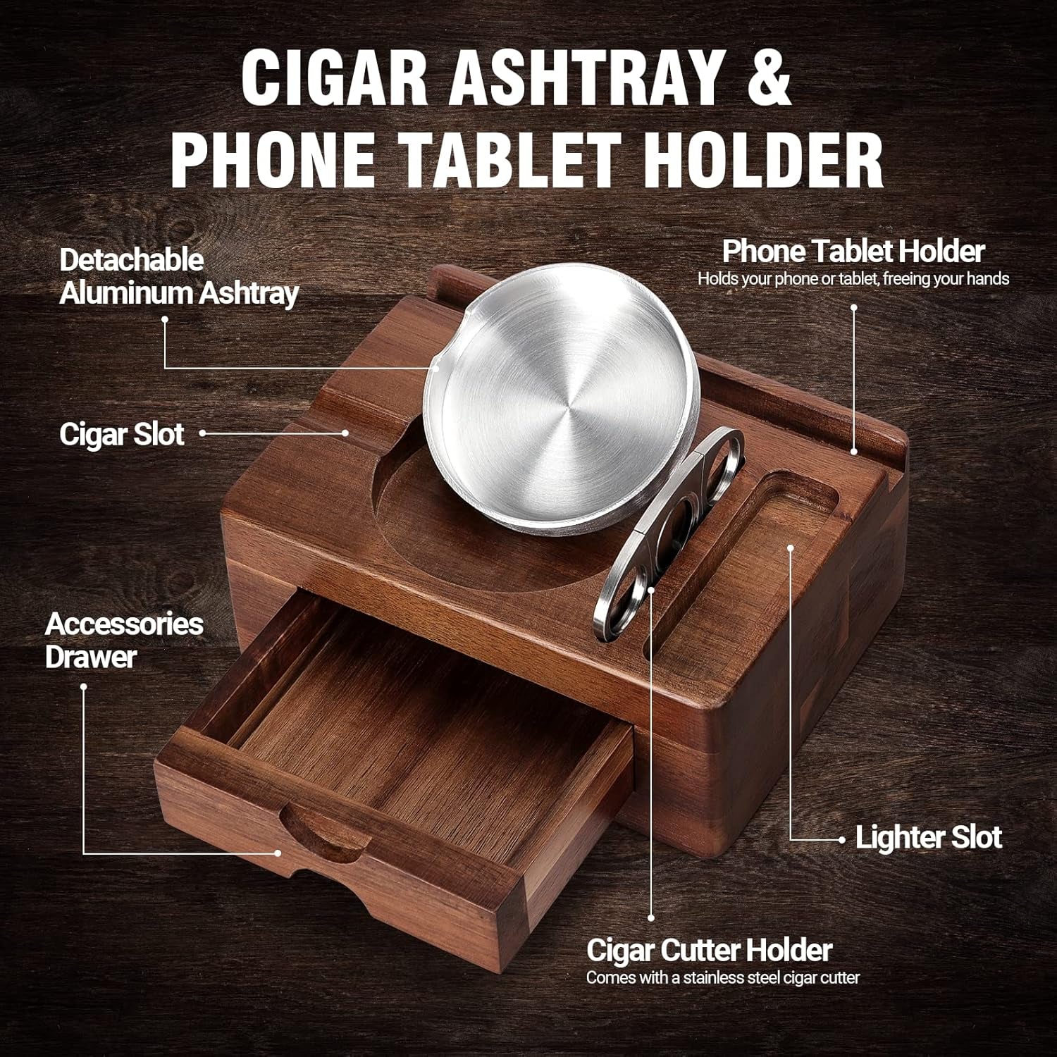 Wooden Cigar Ashtray with Cutter & Phone Stand — cigar ashtray, photo 2