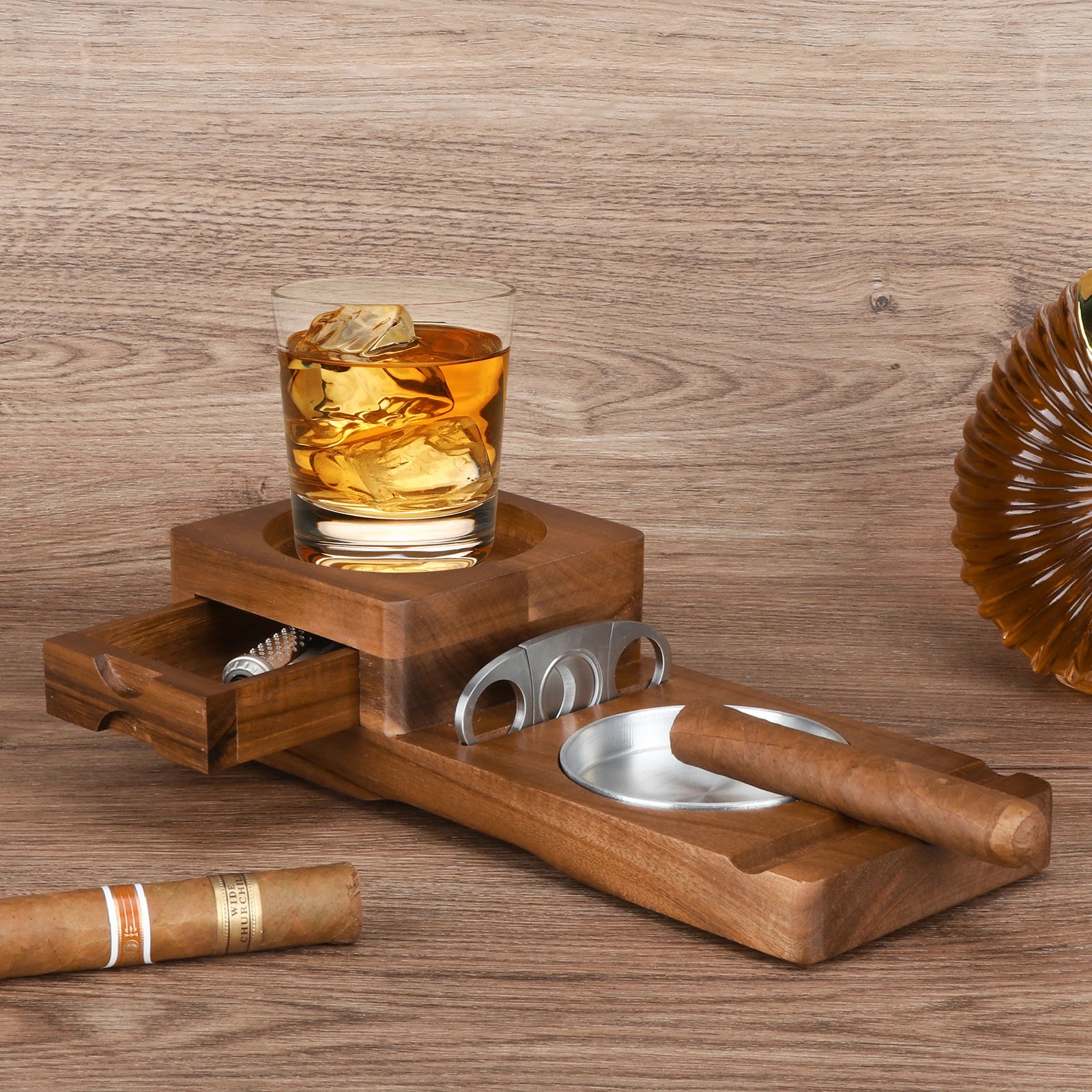 Wood Ashtray with Whiskey Rest & Cutter — cigar ashtray, photo 5