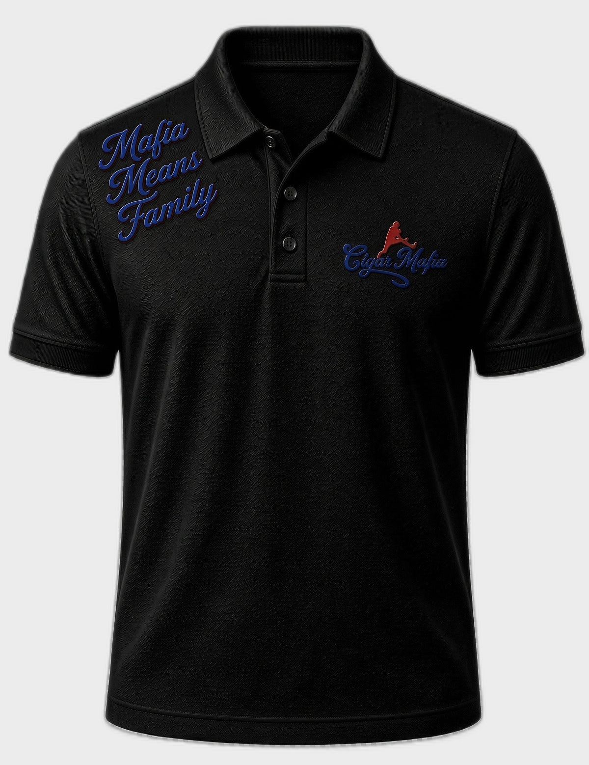 Black dri-fit polo, large blue stacked family-motto script on the right shoulder, blue script and red leaping silhouette on the chest