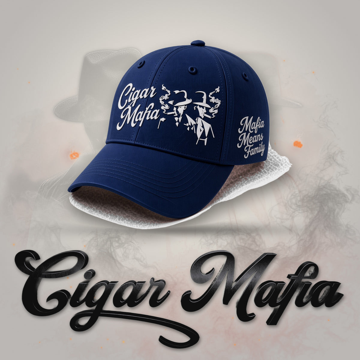 Back Room Fitted Hat on Cigar Mafia branded background