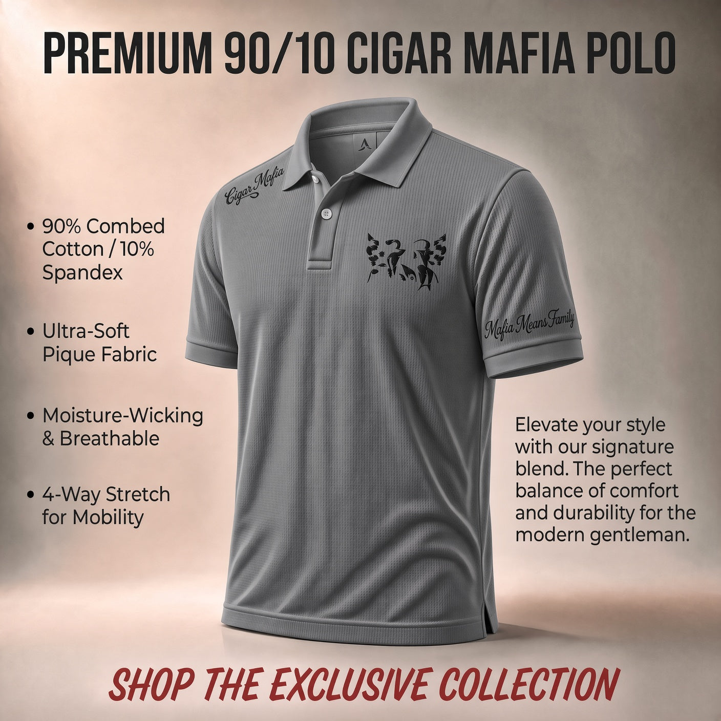 Premium 90/10 Cigar Mafia Polo — Grey