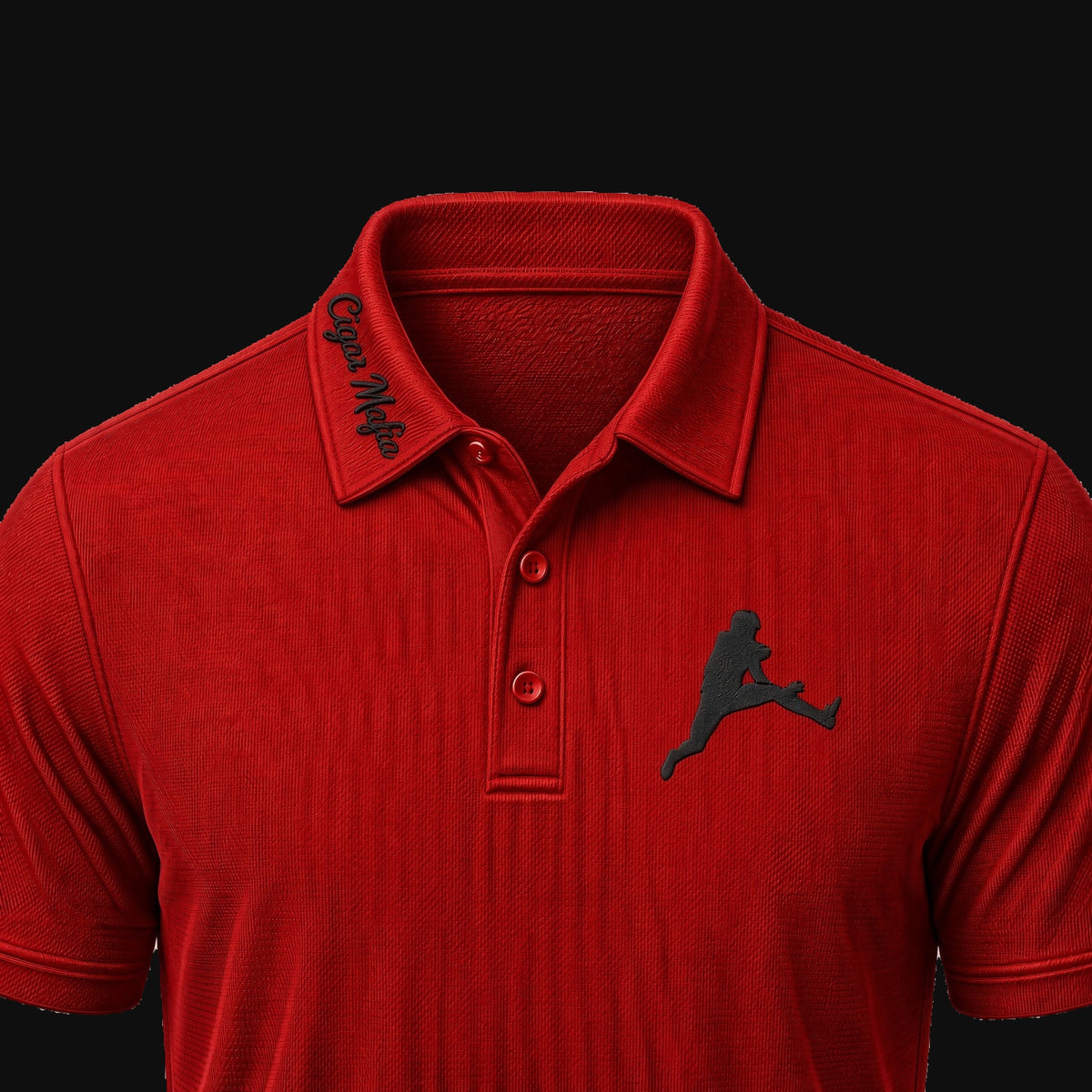 The Getaway Dri-Fit Polo — Red (black embroidery): Cigar Mafia collar script and leaping-figure chest mark