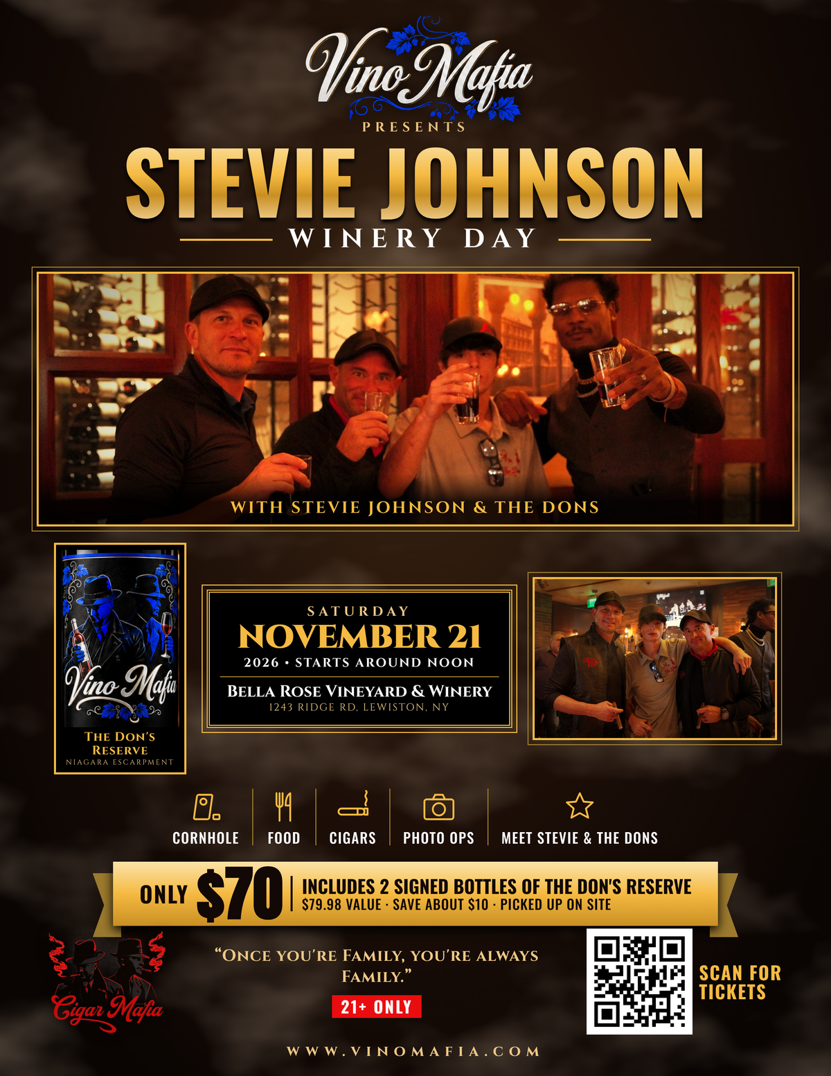 Vino Mafia presents Winery Day with Stevie Johnson & the Dons print flyer: Saturday Nov 21 2026, starts around noon, Bella Rose Vineyard & Winery, Lewiston NY. Only $70, includes 2 signed bottles of The Don's Reserve. 21+ only
